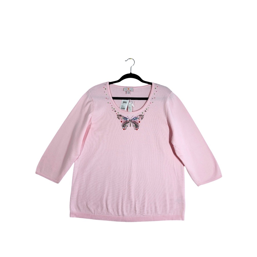 Quacker Factory Butterfly Knit Top L Pink Rhinestones 3/4 Sleeve Sweater NEW